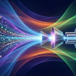 An abstract digital illustration representing Inductively Coupled Plasma Mass Spectrometry (ICP-MS) testing for food safety. Various food items on the left transition into a stream of glowing particles that pass through a series of cones and sensors, resulting in digital data charts and elemental symbols on the right.