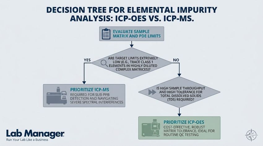 A Lab Manager infographic titled "Decision Tree for Elemental Impurity Analysis: ICP-OES vs. ICP-MS." A Lab Manager infographic titled "Decision Tree for Elemental Impurity Analysis: ICP-OES vs. ICP-MS."