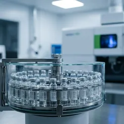 Modern automated pharmaceutical sample carousel with glass vials in a photorealistic lab environment with glowing ICP-OES instrument and cinematic lighting.