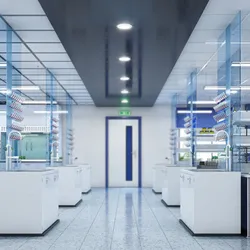 Walkway into a spacious and bright laboratory interior
