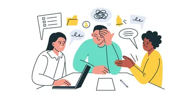 Cartoon illustration of three lab managers discussing work-related stress and burnout.
