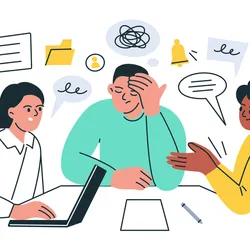 Cartoon illustration of three lab managers discussing work-related stress and burnout.