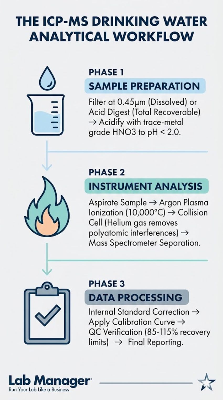 vertical process flow infographic titled "The ICP-MS Drinking Water Analytical Workflow" branded by Lab Manager.