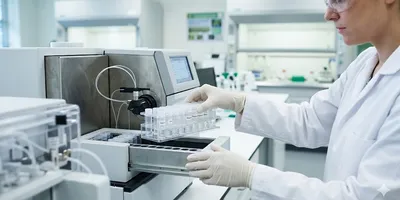 Lab technician in PPE loading digested soil samples into an ICP-MS autosampler in a modern analytical laboratory