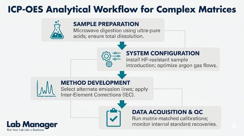An infographic titled "ICP-OES Analytical Workflow for Complex Matrices" in dark blue text.