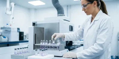 Lab professional wearing safety glasses and gloves operating an ICP-OES instrument for material characterization.