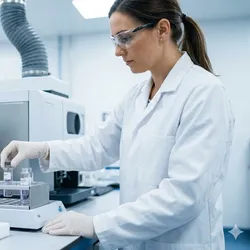 Lab professional wearing safety glasses and gloves operating an ICP-OES instrument for material characterization.