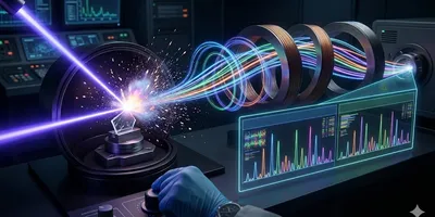 This is a realistic, 16:9 abstract visualization of complex forensic trace analysis. The image is a cinematic depiction of how Inductively Coupled Plasma Mass Spectrometry (ICP-MS) linked with laser ablation creates an elemental fingerprint for microscopic evidence.