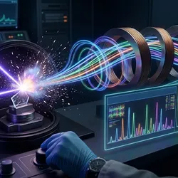 This is a realistic, 16:9 abstract visualization of complex forensic trace analysis. The image is a cinematic depiction of how Inductively Coupled Plasma Mass Spectrometry (ICP-MS) linked with laser ablation creates an elemental fingerprint for microscopic evidence.