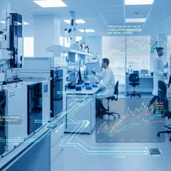 modern lab with overlaid fiancial elements illustrating the importnace of total cost of ownership in lab purchasing