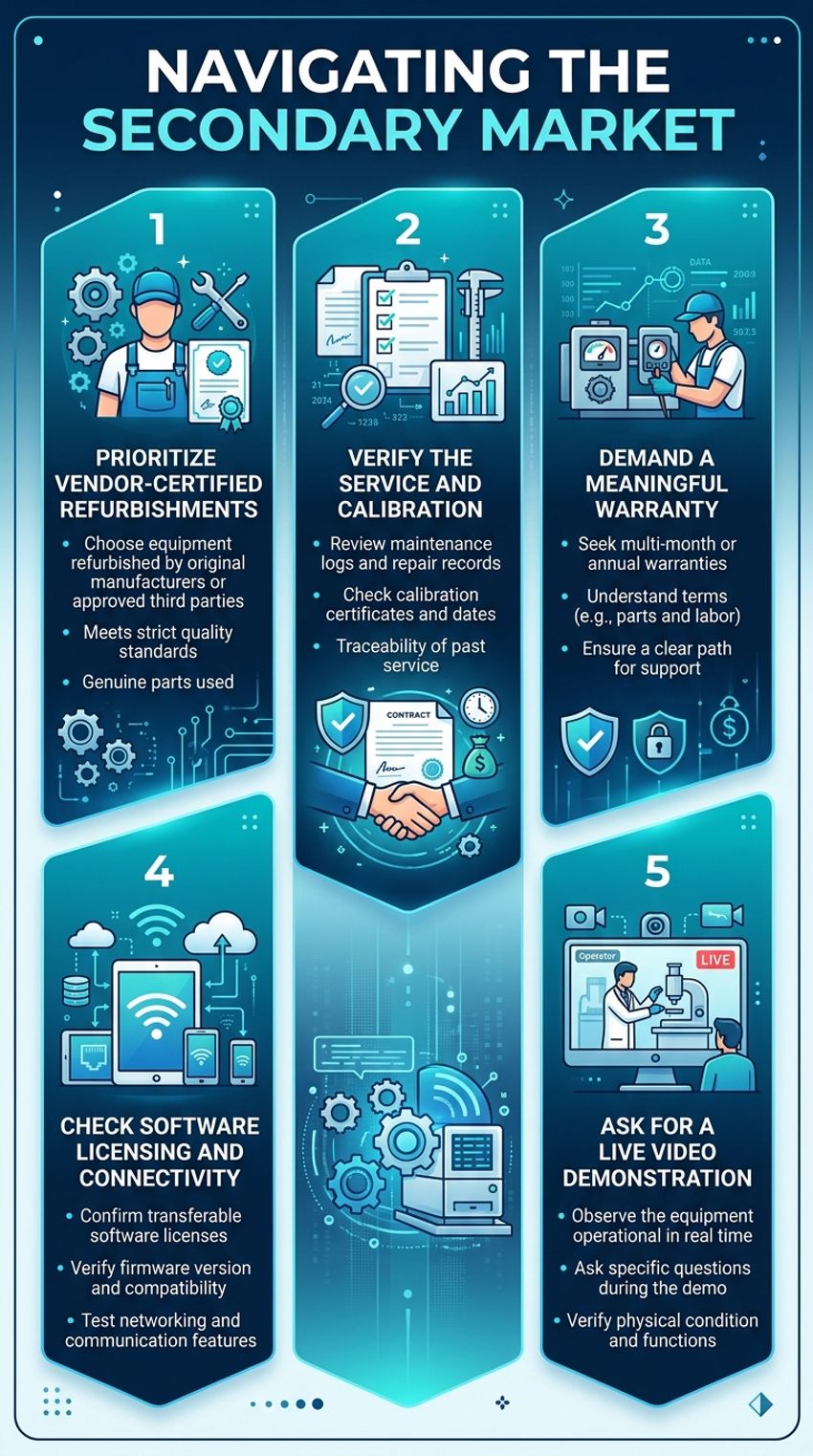 infographic explaining how to navigate the pre-owned lab equipment market