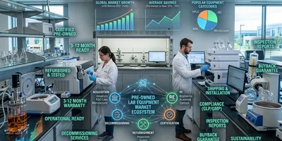 image of a lab with purchasing icons overlaid illustrating how to navigate the pre-owned equipment marketplace