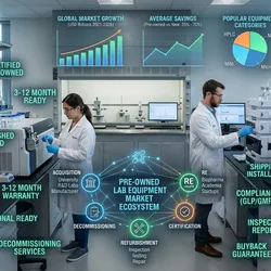 image of a lab with purchasing icons overlaid illustrating how to navigate the pre-owned equipment marketplace
