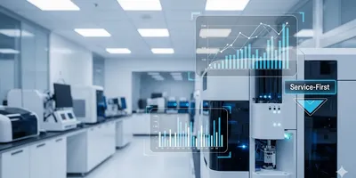 modern lab showing new equipment and text reading service-first