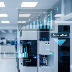 modern lab showing new equipment and text reading service-first