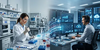 illustration showing lab technicians and IT workers showing the comcept of outsourcing services 