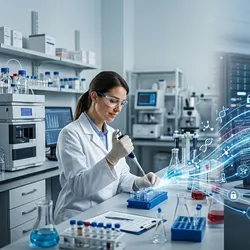 illustration showing lab technicians and IT workers showing the comcept of outsourcing services 