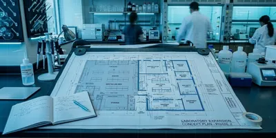 blueprint on a lab bench illustrating the idea of laboratory scale-up and expansion