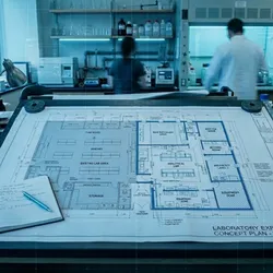 blueprint on a lab bench illustrating the idea of laboratory scale-up and expansion