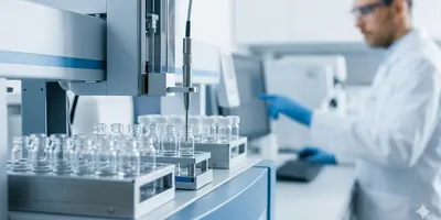 Close-up photograph of an autosampler with clear sample vials and a technician in a blurred background within an environmental testing lab.
