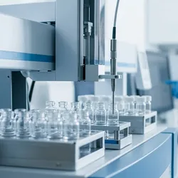 Close-up photograph of an autosampler with clear sample vials and a technician in a blurred background within an environmental testing lab.