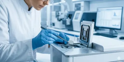 Scientist loading solid metallic sample into XRF spectrometer for elemental analysis.
