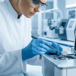 Scientist loading solid metallic sample into XRF spectrometer for elemental analysis.