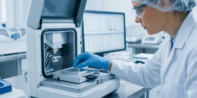 A focused forensic technician in full PPE, including a lab coat and nitrile gloves, carefully places a small metal shard trace evidence sample into the complex sample chamber of a high-tech X-ray Fluorescence (XRF) elemental analysis instrument.