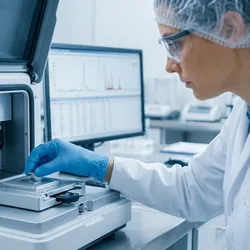 A focused forensic technician in full PPE, including a lab coat and nitrile gloves, carefully places a small metal shard trace evidence sample into the complex sample chamber of a high-tech X-ray Fluorescence (XRF) elemental analysis instrument.