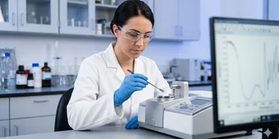 A lab technician in PPE using a spatula to load a powder sample into an ATR-FTIR spectrometer for material analysis.