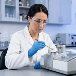 A lab technician in PPE using a spatula to load a powder sample into an ATR-FTIR spectrometer for material analysis.