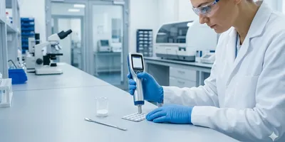 Lab professional using a spectrometer to analyze pharmaceutical samples for quality control.