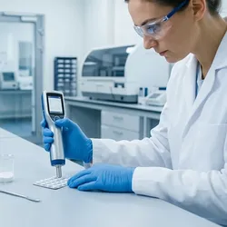 Lab professional using a spectrometer to analyze pharmaceutical samples for quality control.