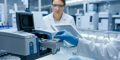 Scientist wearing blue nitrile gloves and white lab coat preparing an environmental sample on an ATR-FTIR spectrometer in a clean analytical laboratory.