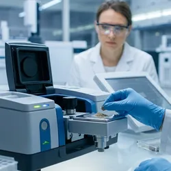 Scientist wearing blue nitrile gloves and white lab coat preparing an environmental sample on an ATR-FTIR spectrometer in a clean analytical laboratory.