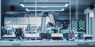 Robot arm working with components in a laboratory for mRNA delivery