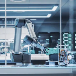 Robot arm working with components in a laboratory for mRNA delivery