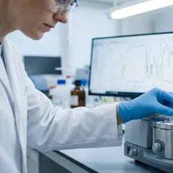 Lab technician in PPE placing a solid polymer sample onto an ATR-FTIR spectrometer accessory for chemical analysis.