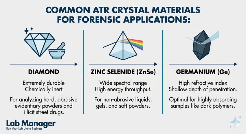 An infographic by Lab Manager titled "Common ATR Crystal Materials for Forensic Applications."