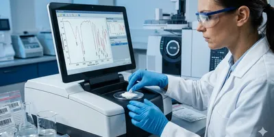 A forensic scientist wearing safety goggles and blue gloves carefully places a white powder sample onto an FTIR spectrometer in a modern laboratory. The machine's monitor displays an infrared absorption spectrum graph used for chemical identification.