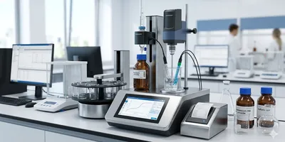 Modern automated lab titrator performing a titration with a motorized burette and sensor in a professional laboratory.