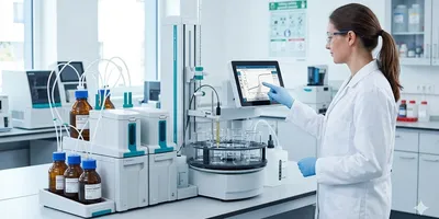 This photorealistic 16:9 image illustrates a state-of-the-art laboratory where a scientist in full safety gear safely operates an advanced automated titration system, reducing occupational risks associated with chemical handling and repetitive motions.