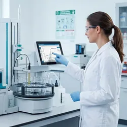 This photorealistic 16:9 image illustrates a state-of-the-art laboratory where a scientist in full safety gear safely operates an advanced automated titration system, reducing occupational risks associated with chemical handling and repetitive motions.