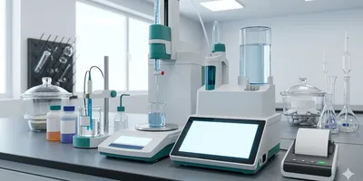 Close-up of automated titrator performing gravimetric burette calibration with analytical balance, buffer solutions, primary standards, and calibration report printer for ISO compliance.