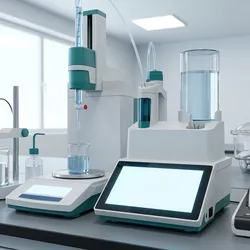 Close-up of automated titrator performing gravimetric burette calibration with analytical balance, buffer solutions, primary standards, and calibration report printer for ISO compliance.