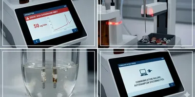 Four-panel photograph detailing common Karl Fischer titrator automation errors and troubleshooting. Includes visual representations of high drift readings on a screen, a stuck autosampler needle, a coated dual-pin electrode, and a communication failure message.