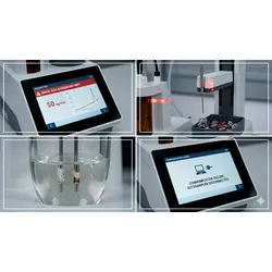 Four-panel photograph detailing common Karl Fischer titrator automation errors and troubleshooting. Includes visual representations of high drift readings on a screen, a stuck autosampler needle, a coated dual-pin electrode, and a communication failure message.