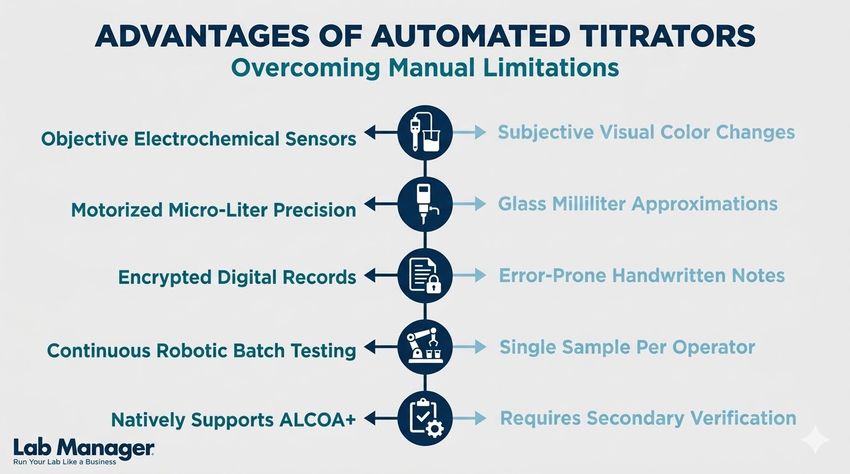 A comparative infographic titled "Advantages of Automated Titrators" by Lab Manager.