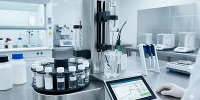 A high-tech automated titration system is featured in a clean analytical laboratory. The system includes a carousel holding multiple sample vials with various contents (powders and clear liquids). A robotic probe arm is lowered into a reaction beaker, and a gloved hand rests beside a digital touchscreen displaying a data graph.