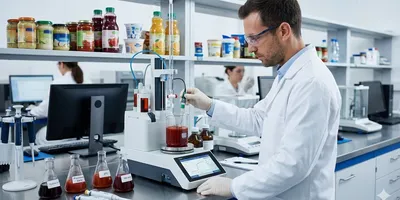 Automated titrator analyzing acidity in processed foods like sauces and juices in a food science lab.